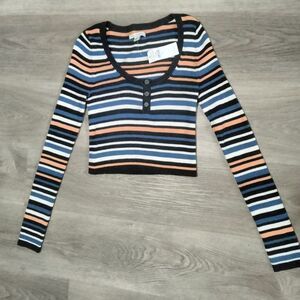 American Eagle Cropped Henley NEW Women's Multicolor Striped Knit